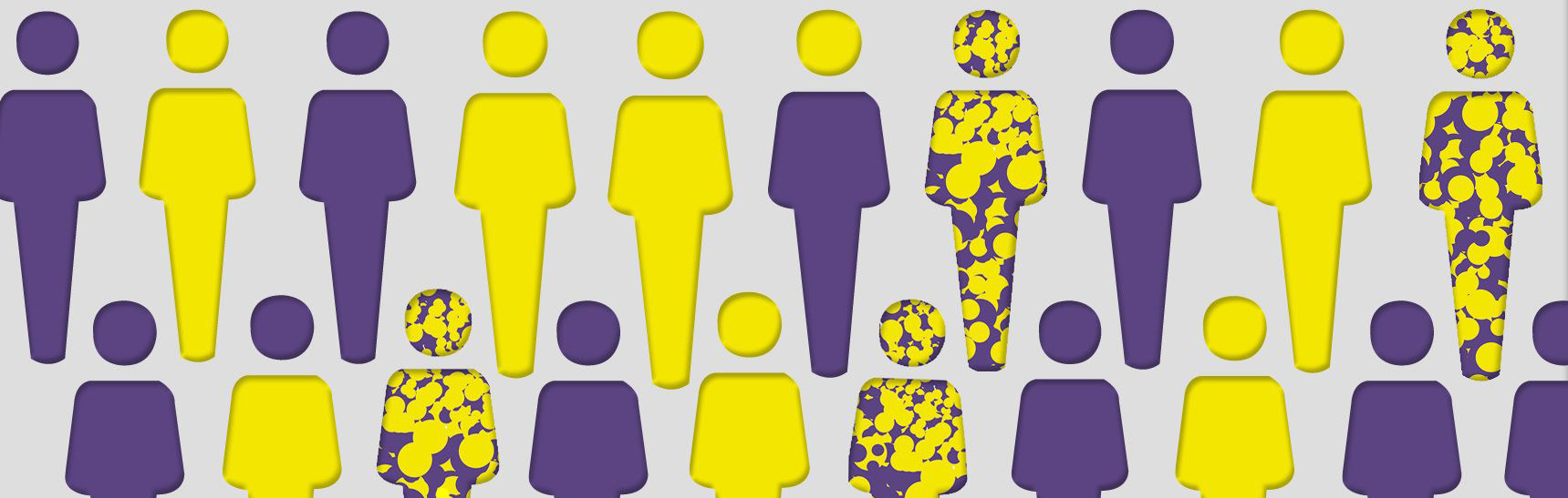 Darstellung von vielen Personen in den Farben lila, gelb sowie auch lila-gelb und nur lila bzw. gelben Kopf und gelben bzw. lila Körper